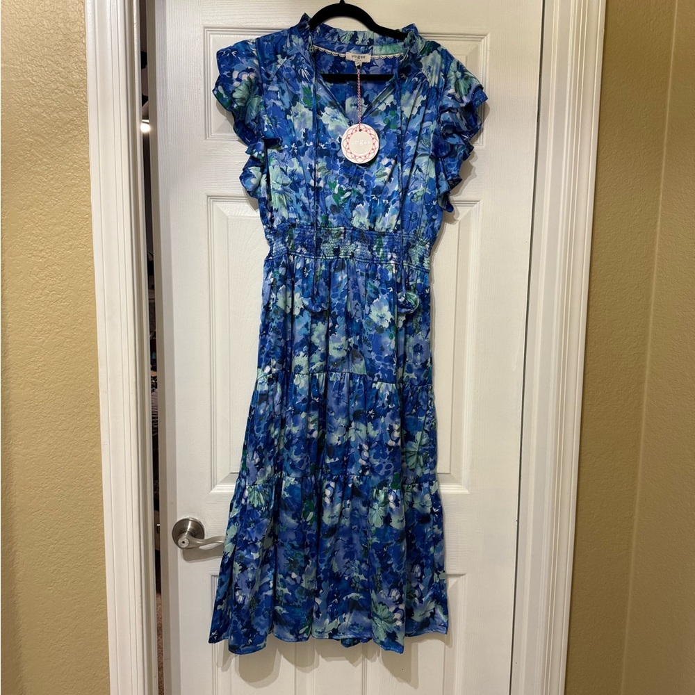 Chic Blue Floral Midi Dress with Ruffles